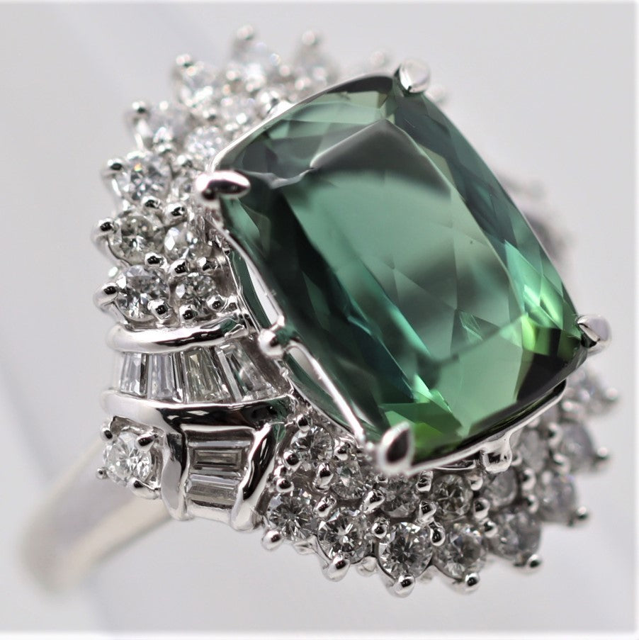 Blue-Green Indicolite Tourmaline Diamond Platinum Cocktail Ring