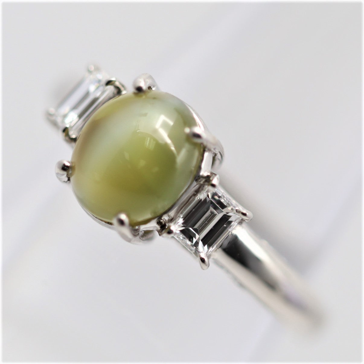 Fine Cats-Eye Chrysoberyl “Milk & Honey” Diamond Platinum Ring