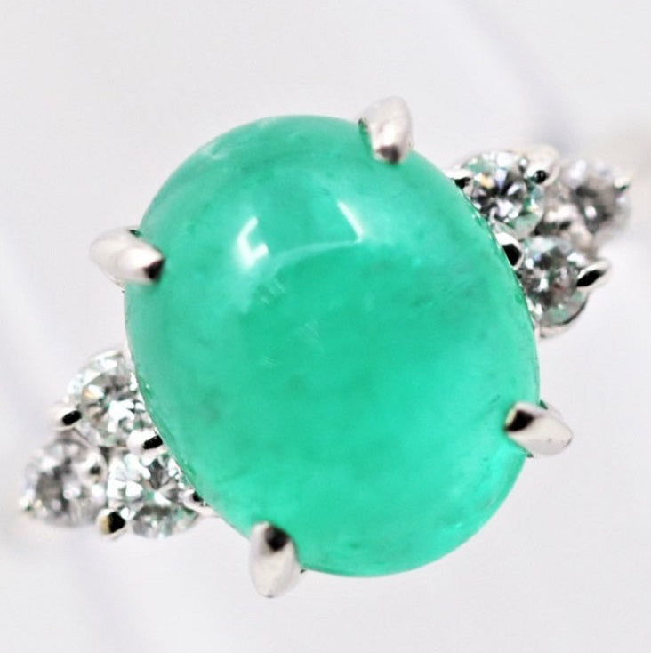 Cabochon Emerald Diamond Platinum Ring