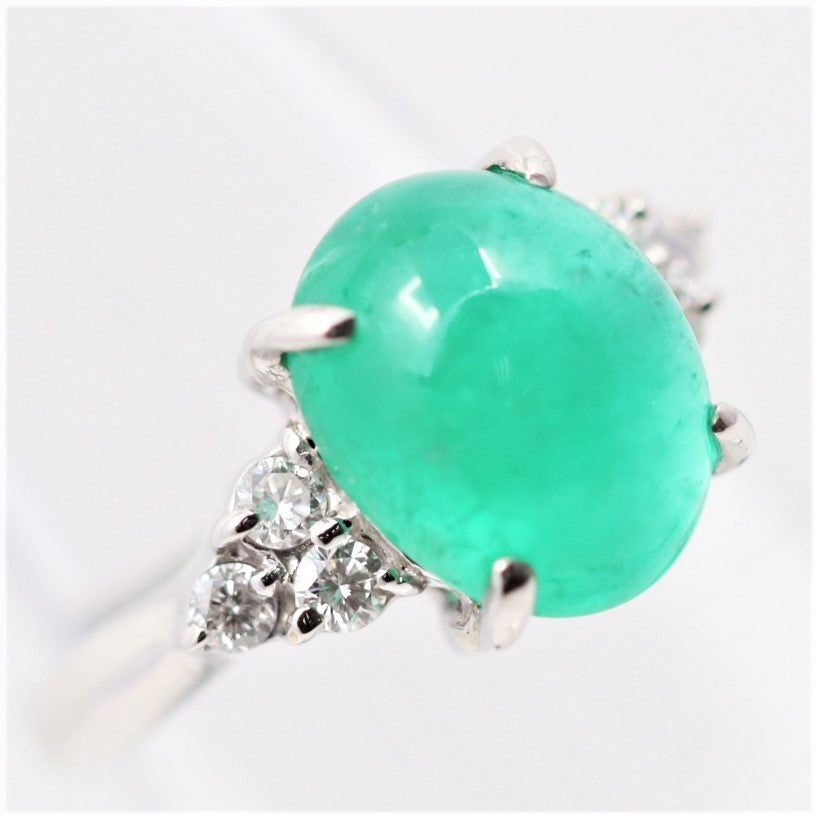 Cabochon Emerald Diamond Platinum Ring