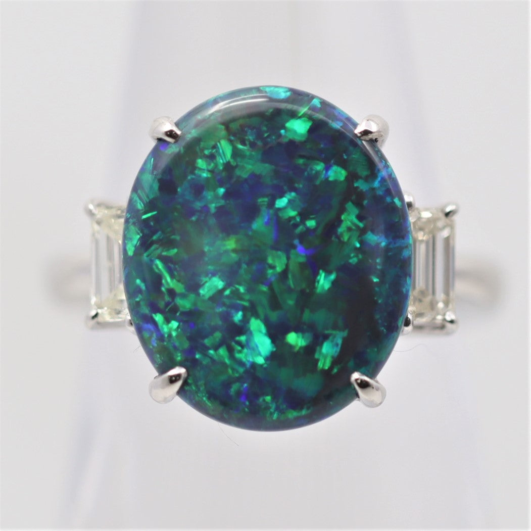 Blue-Green Australian Black Opal Diamond Platinum 3-Stone Ring