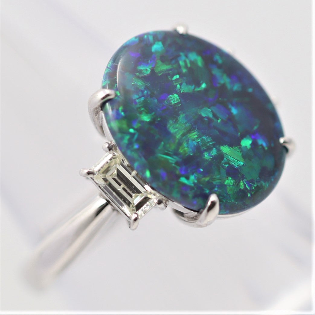 Blue-Green Australian Black Opal Diamond Platinum 3-Stone Ring