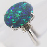 Blue-Green Australian Black Opal Diamond Platinum 3-Stone Ring