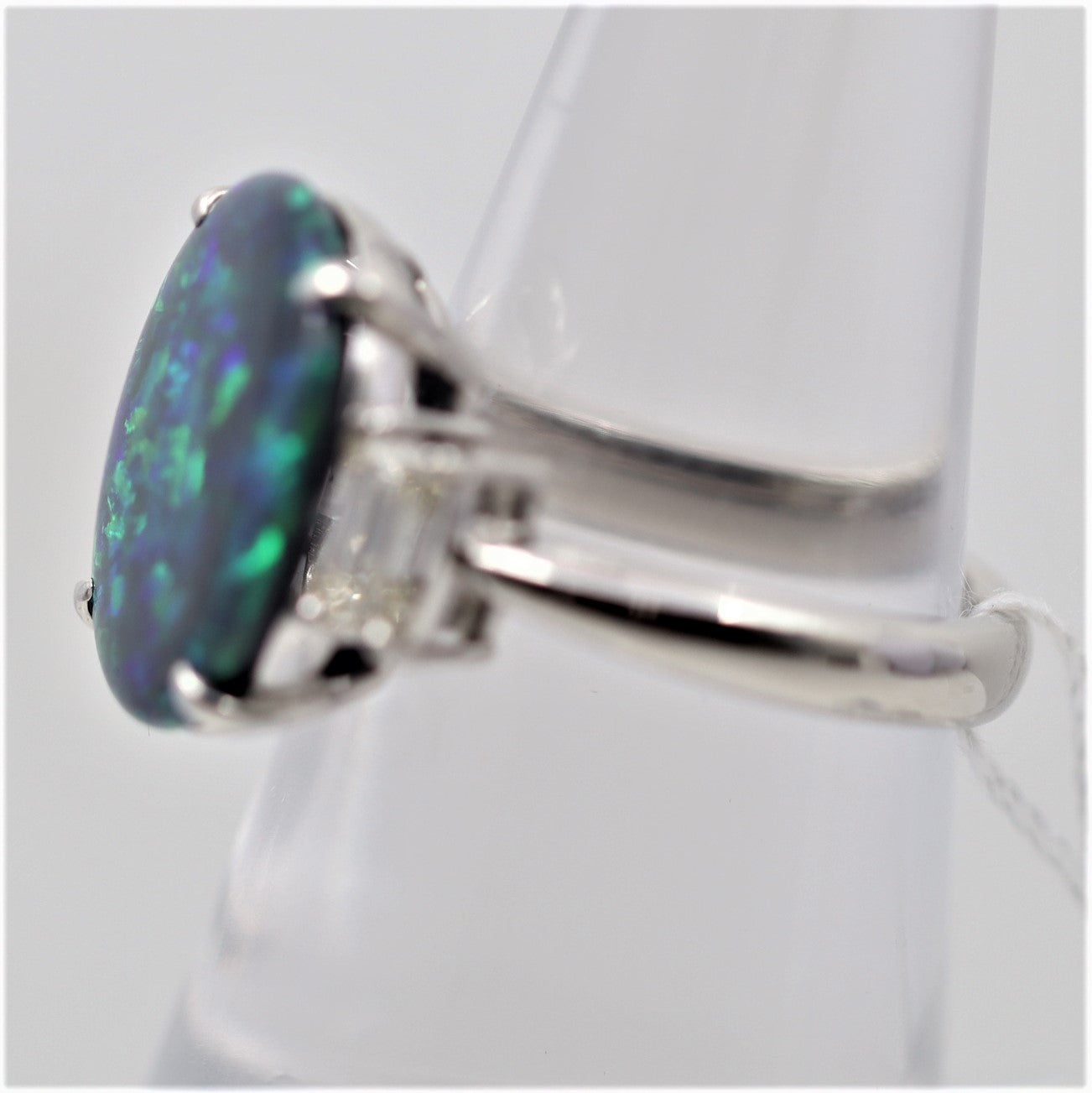 Blue-Green Australian Black Opal Diamond Platinum 3-Stone Ring