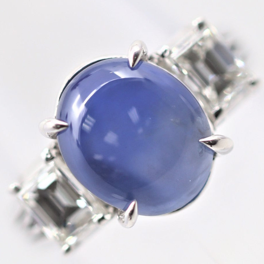 Exceptional Star Sapphire Diamond Platinum 3-Stone Ring, GIA Certified