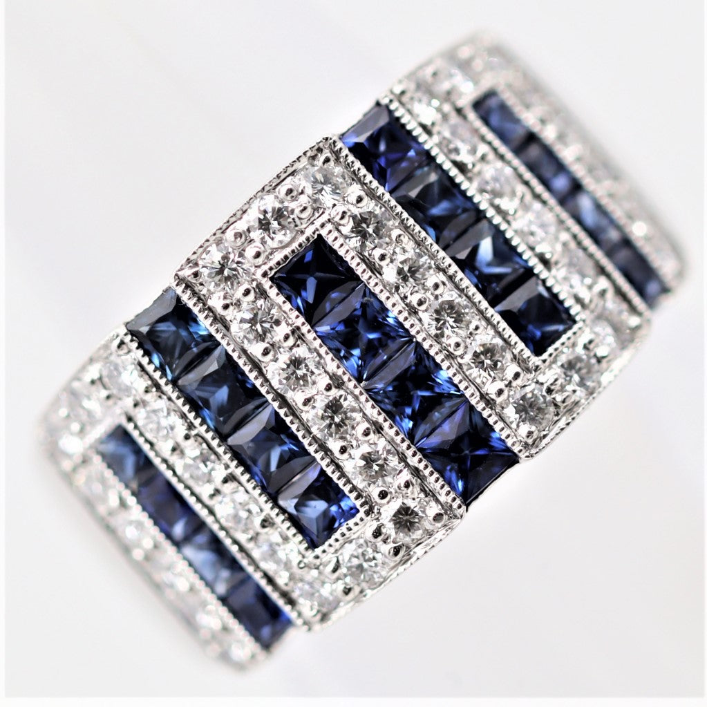 Diamond Sapphire Wide Platinum Band Ring