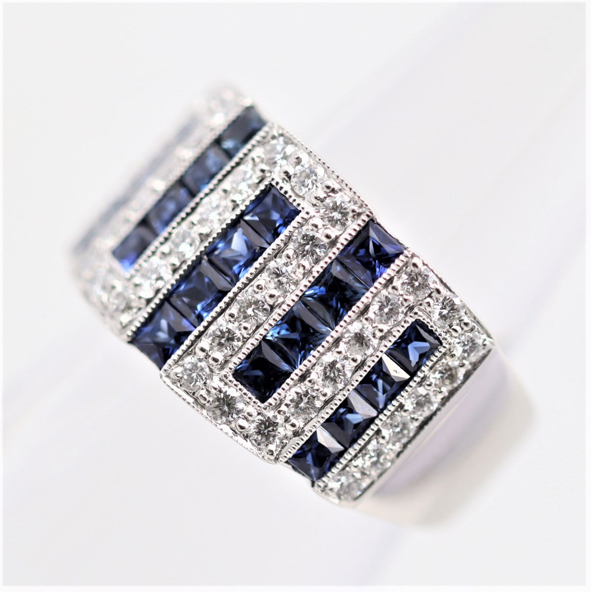 Diamond Sapphire Wide Platinum Band Ring