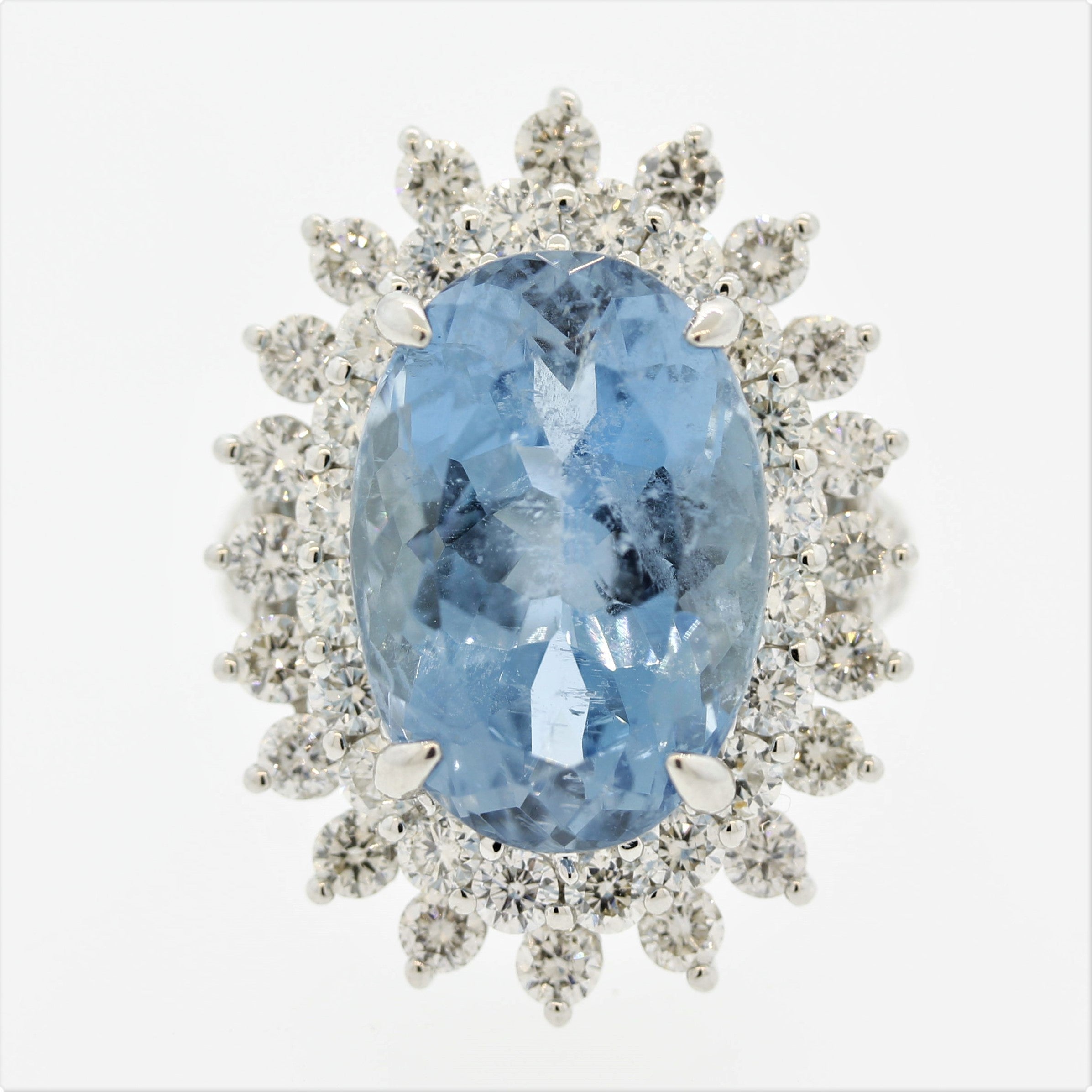 Aquamarine Diamond Sunburst Platinum Cocktail Ring