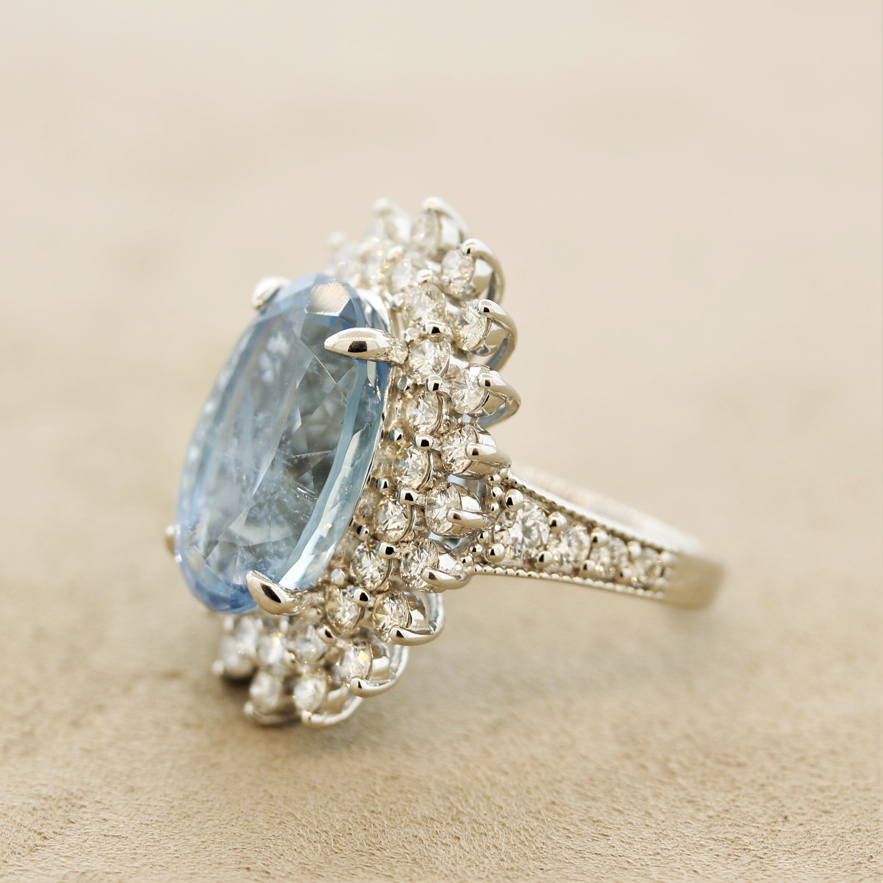 Aquamarine Diamond Sunburst Platinum Cocktail Ring