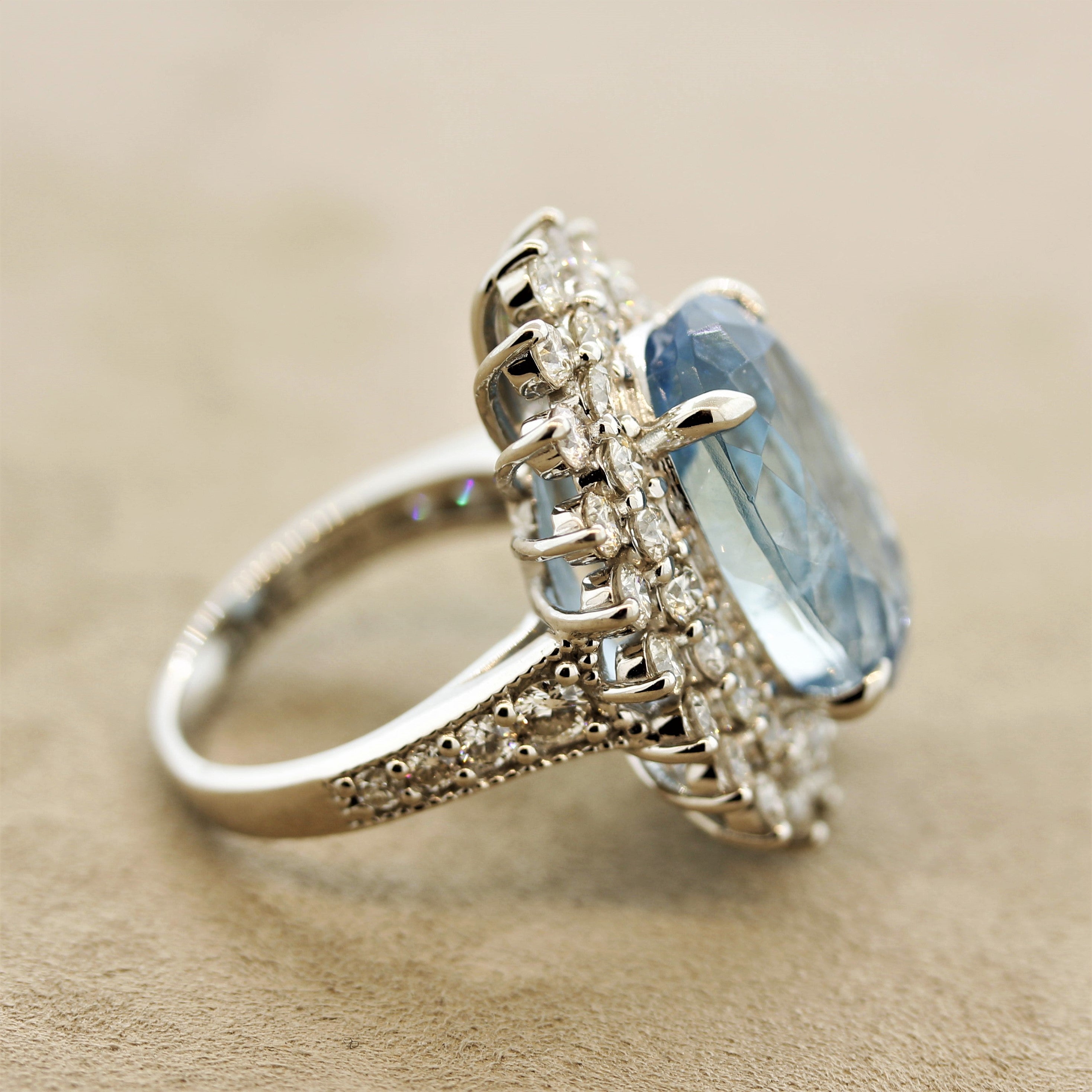 Aquamarine Diamond Sunburst Platinum Cocktail Ring