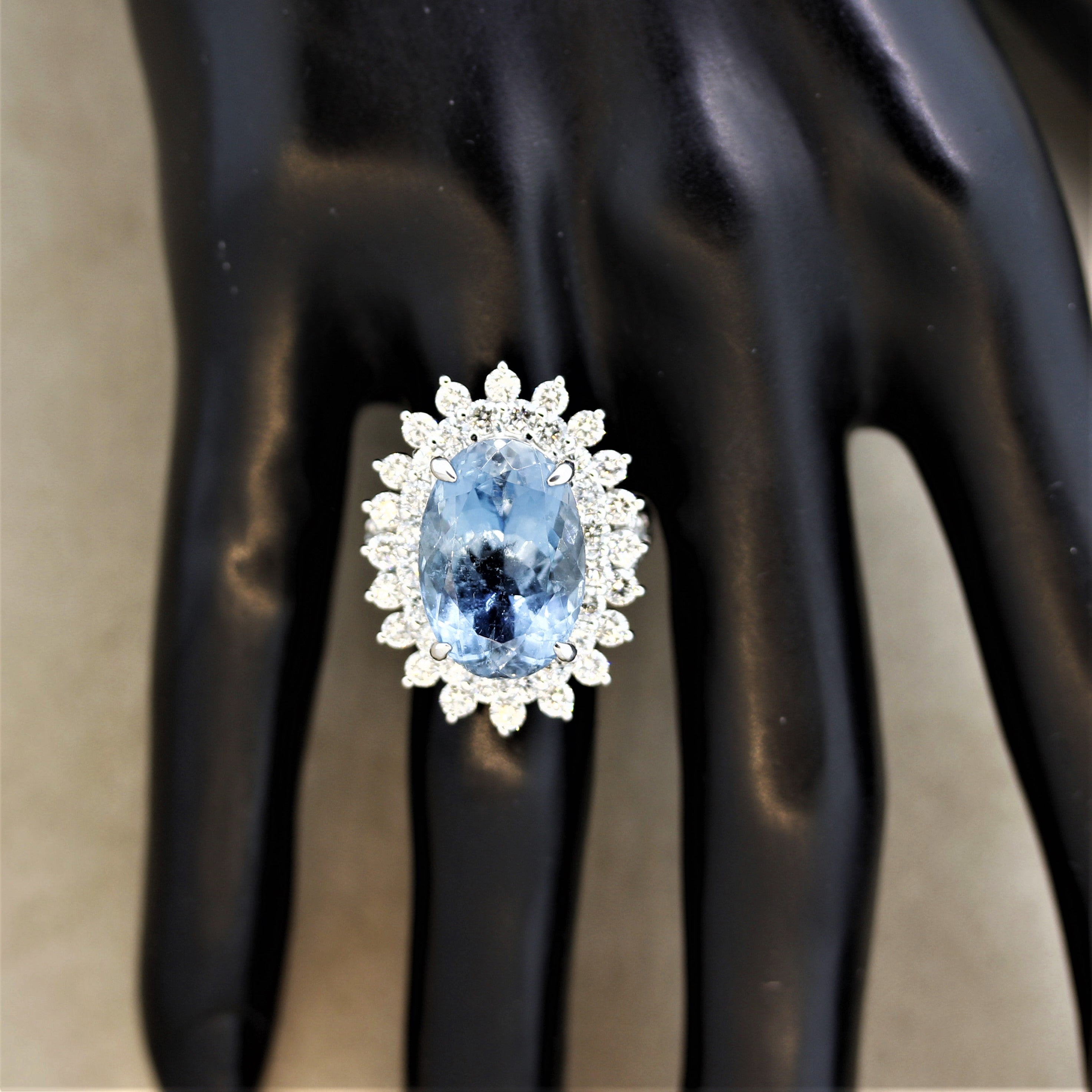 Aquamarine Diamond Sunburst Platinum Cocktail Ring