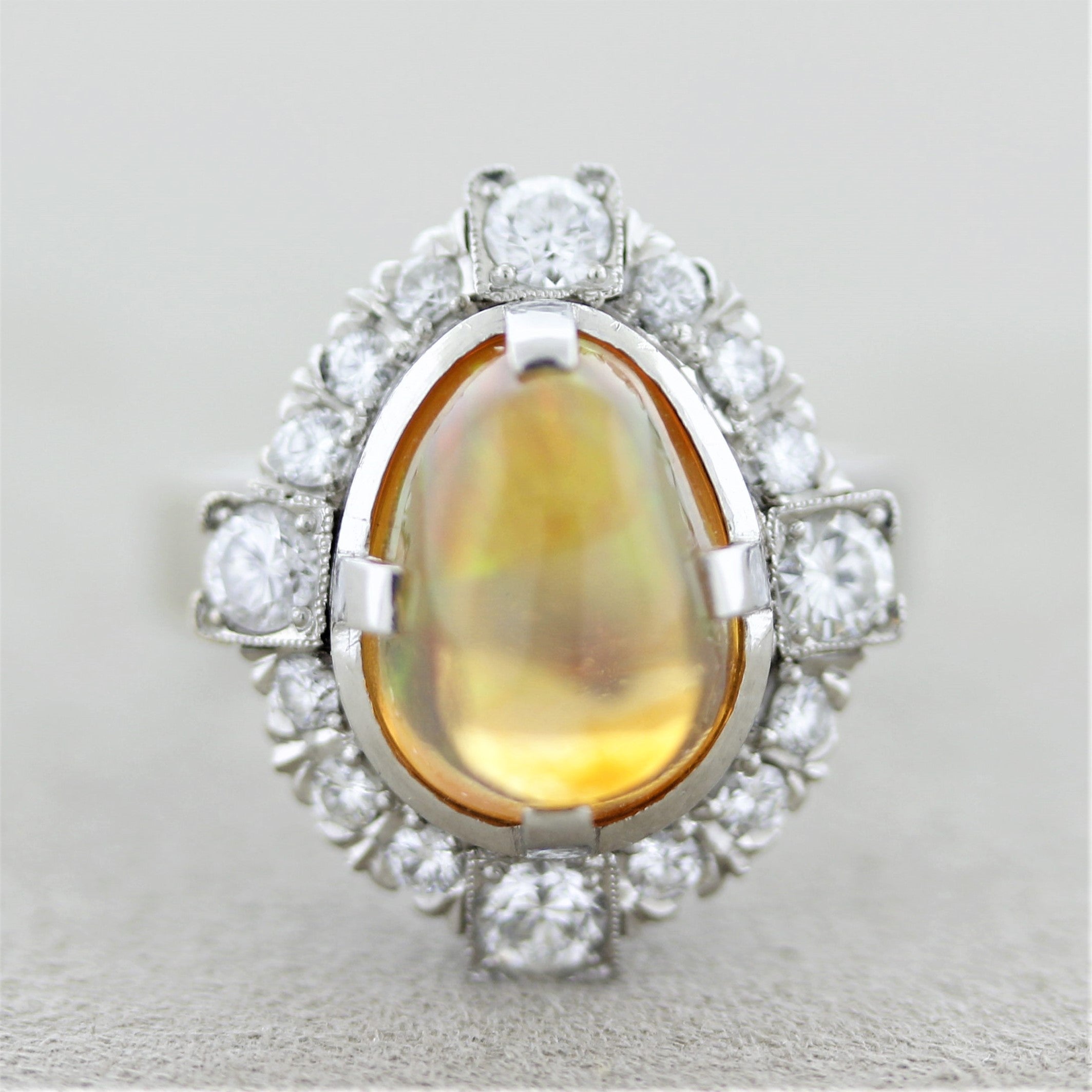 Mid-Century Fire Opal Diamond Platinum Ring