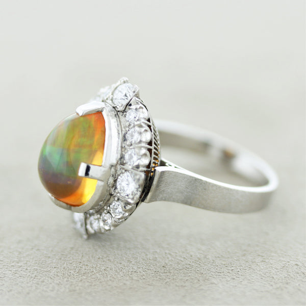 Mid-Century Fire Opal Diamond Platinum Ring