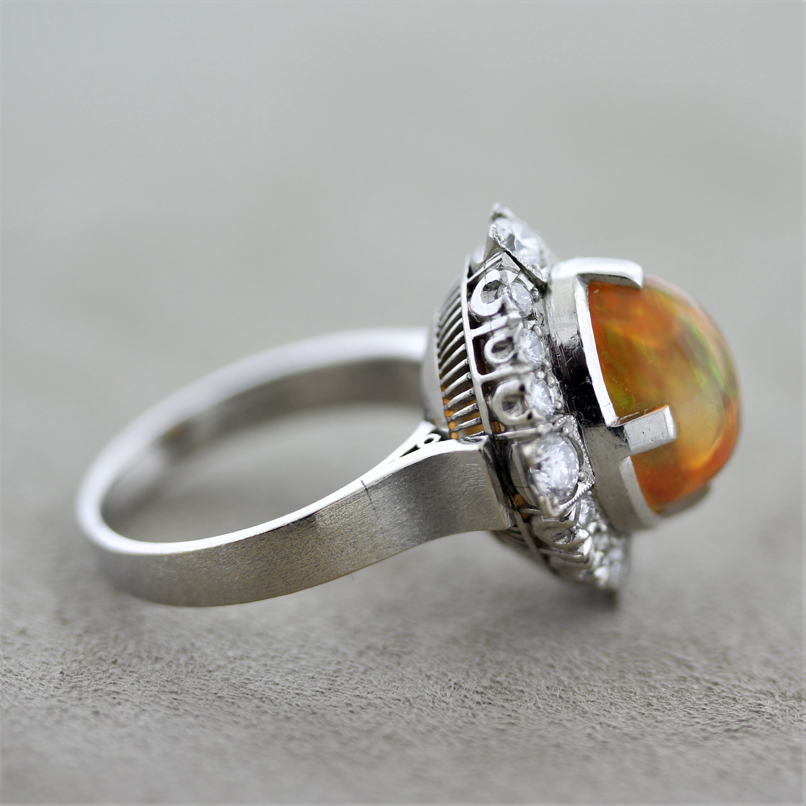 Mid-Century Fire Opal Diamond Platinum Ring