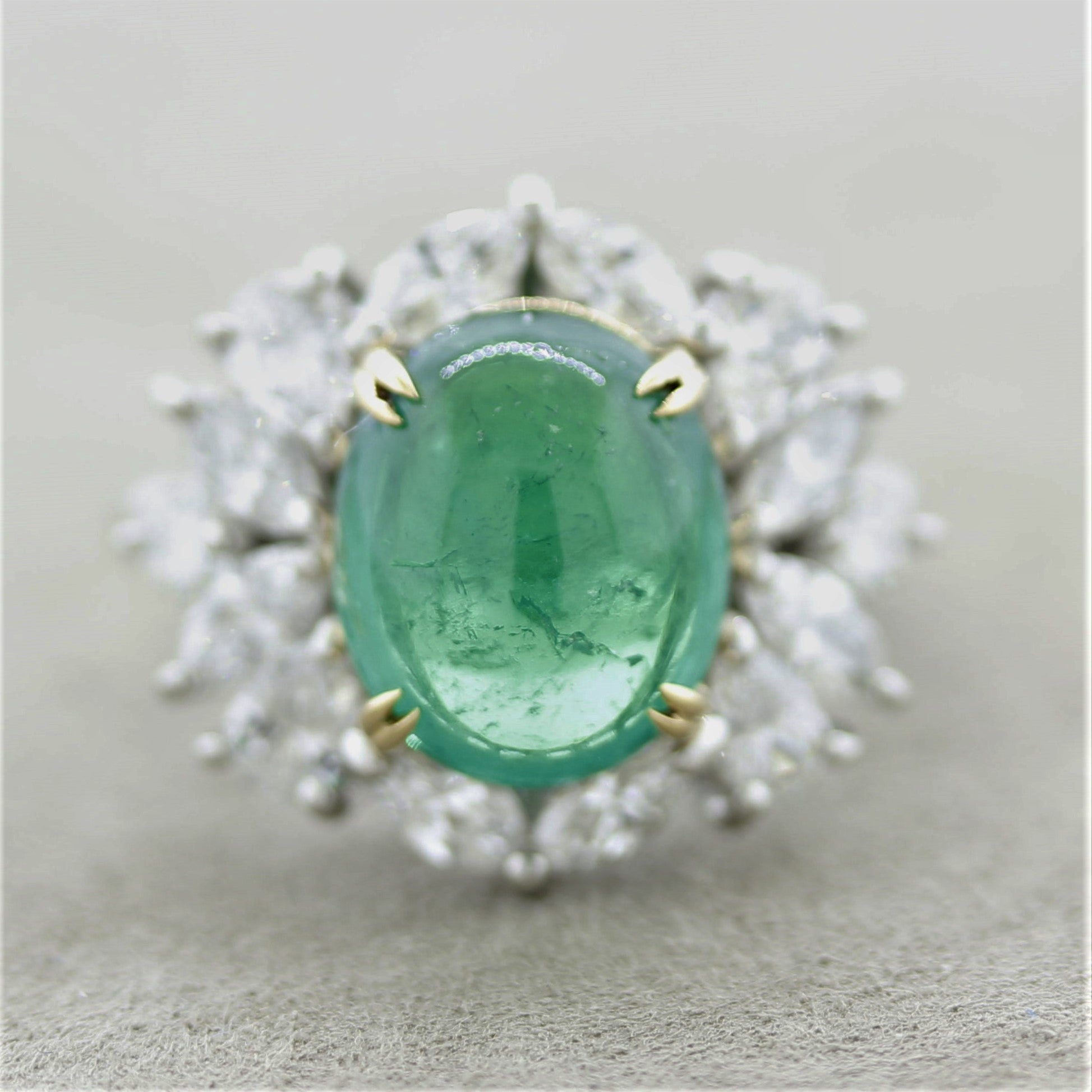 Cabochon Emerald Diamond Platinum Ring