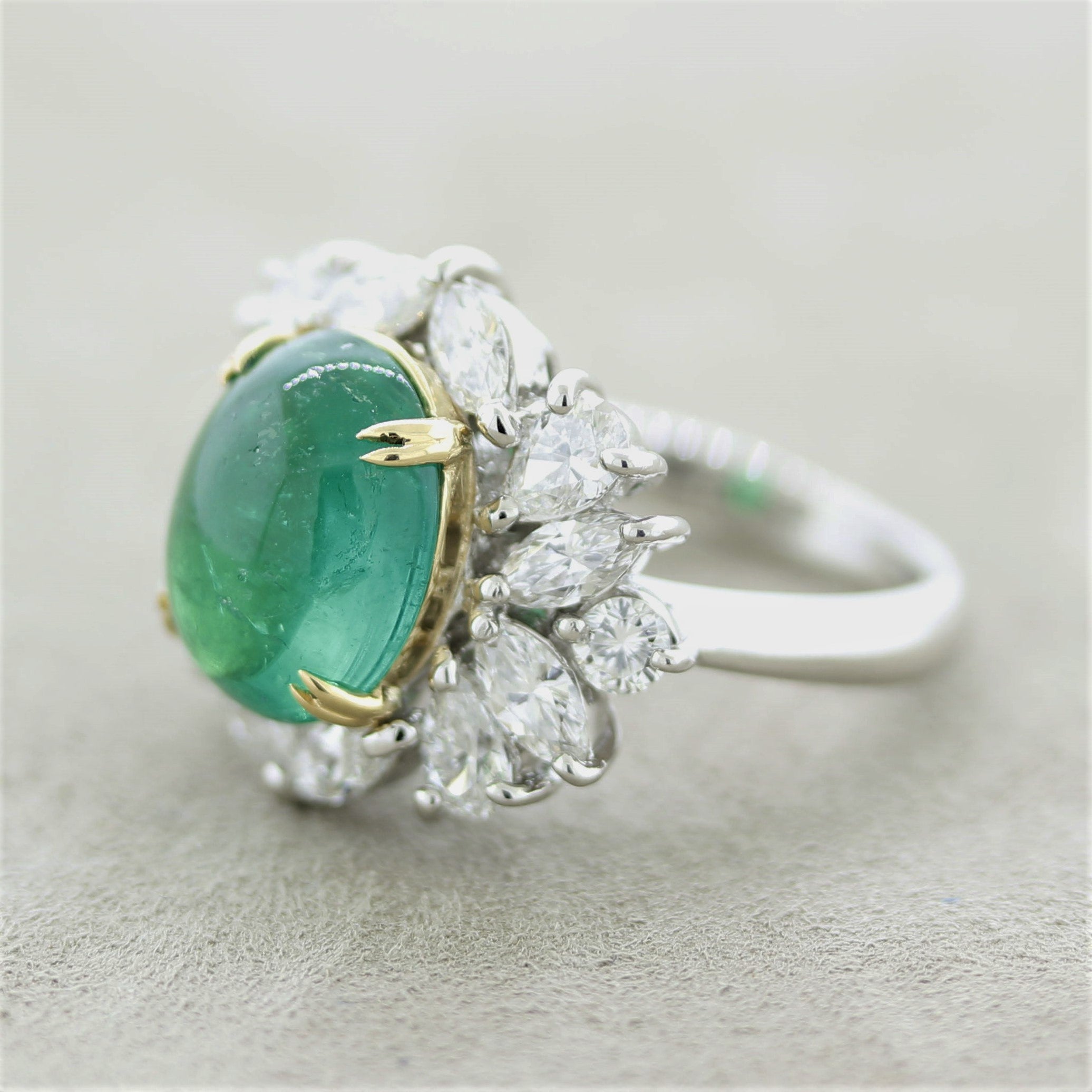 Cabochon Emerald Diamond Platinum Ring