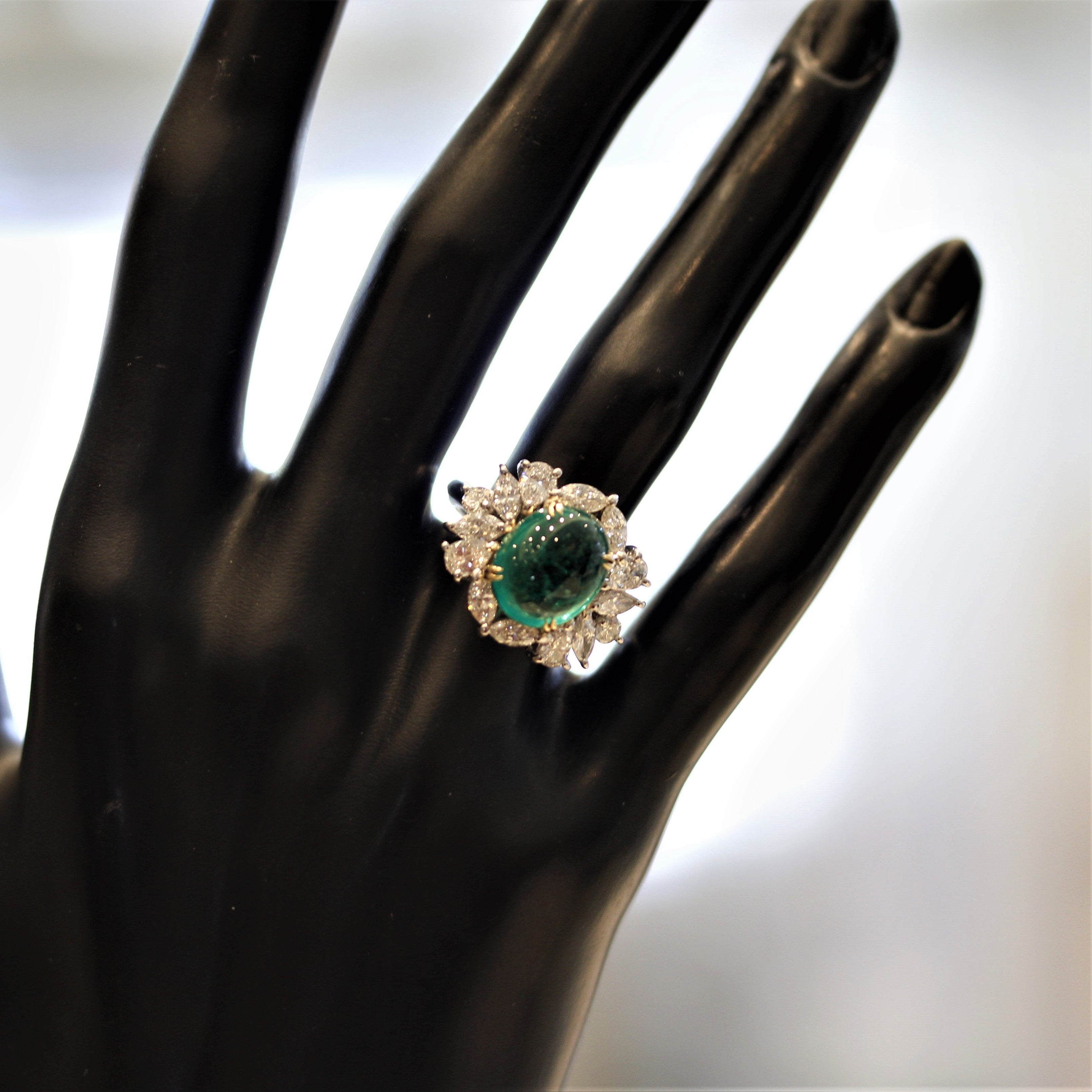 Cabochon Emerald Diamond Platinum Ring