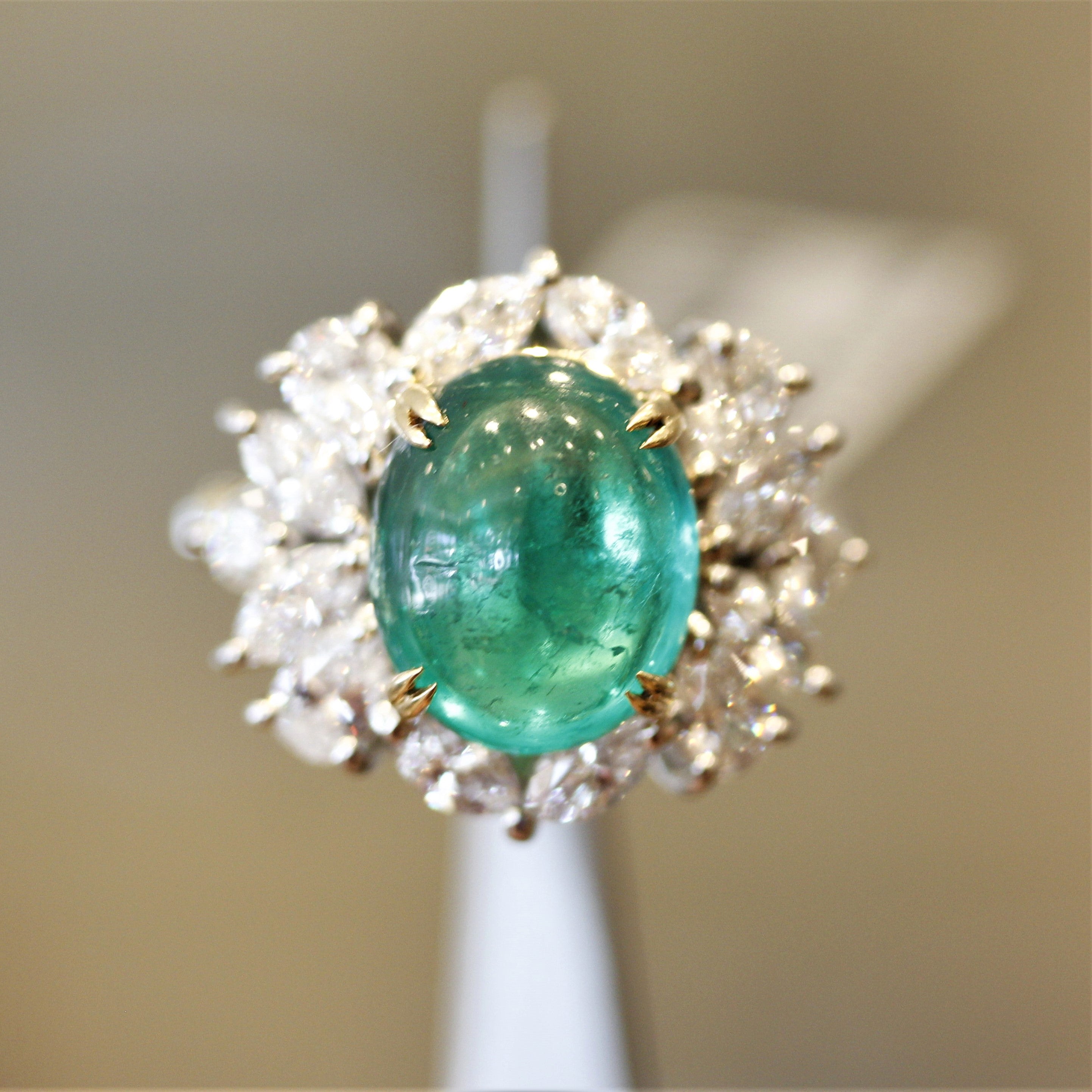 Cabochon Emerald Diamond Platinum Ring