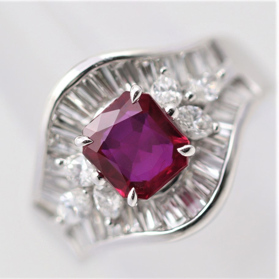 Fine Burmese Ruby Diamond Platinum Ring, GRS Certified