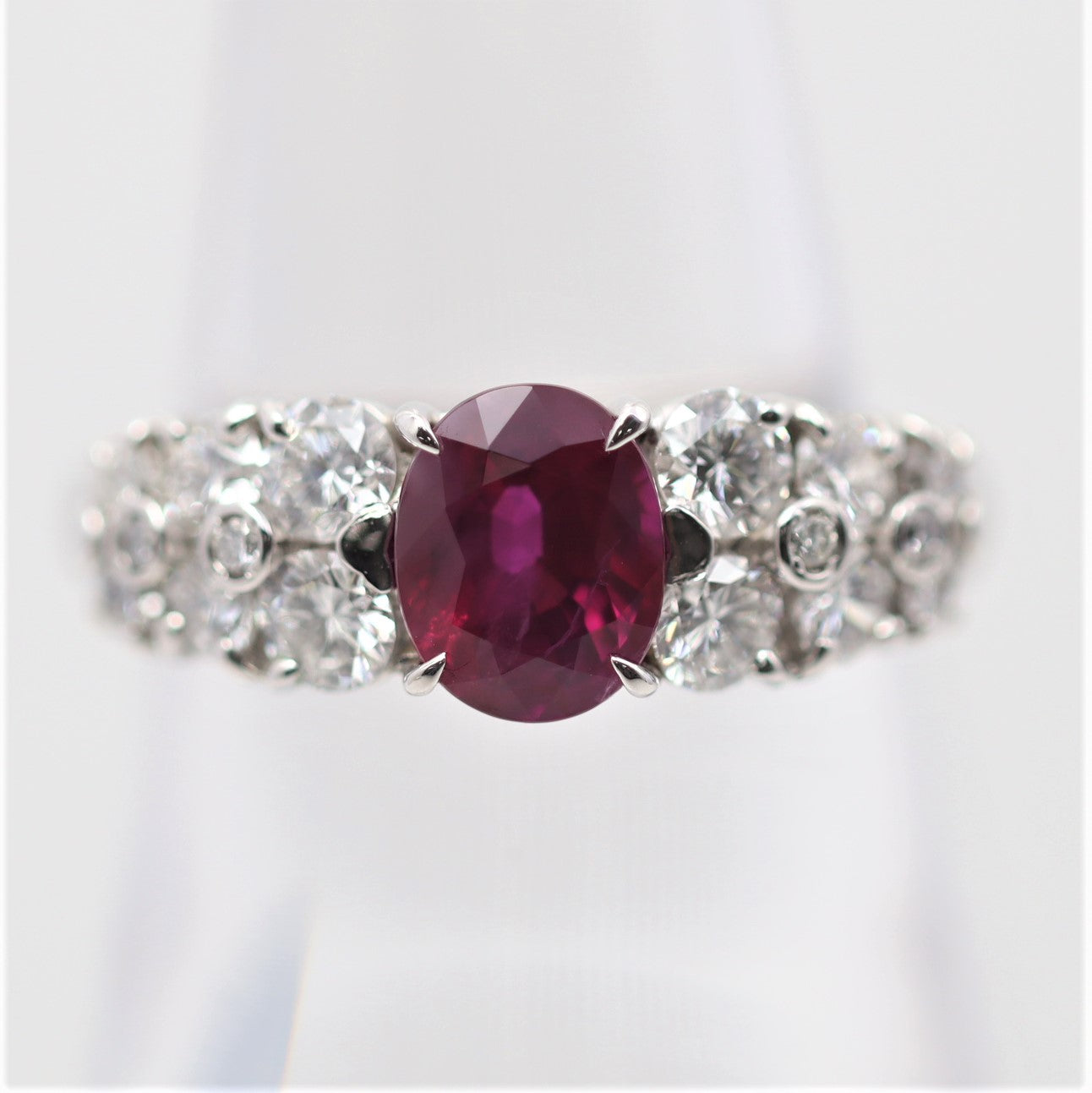 Pigeon Blood Burmese Ruby Diamond Platinum Ring, GRS Certified