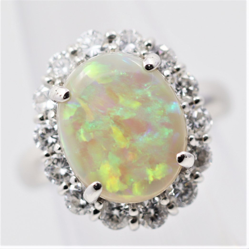 Australian Opal Diamond Halo Platinum Ring