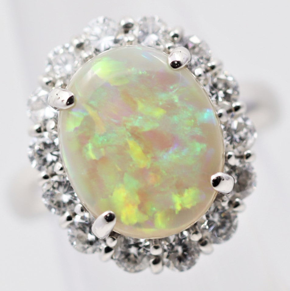 Australian Opal Diamond Halo Platinum Ring