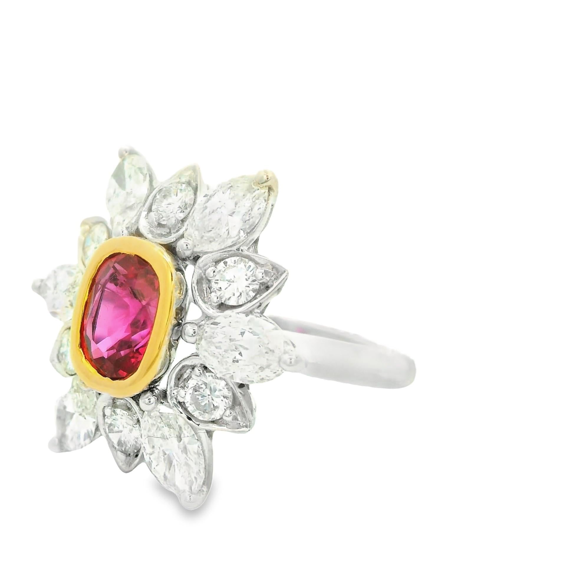 1.85 Carat Ruby Diamond Sunburst 18K White Gold Ring, AGL Certified