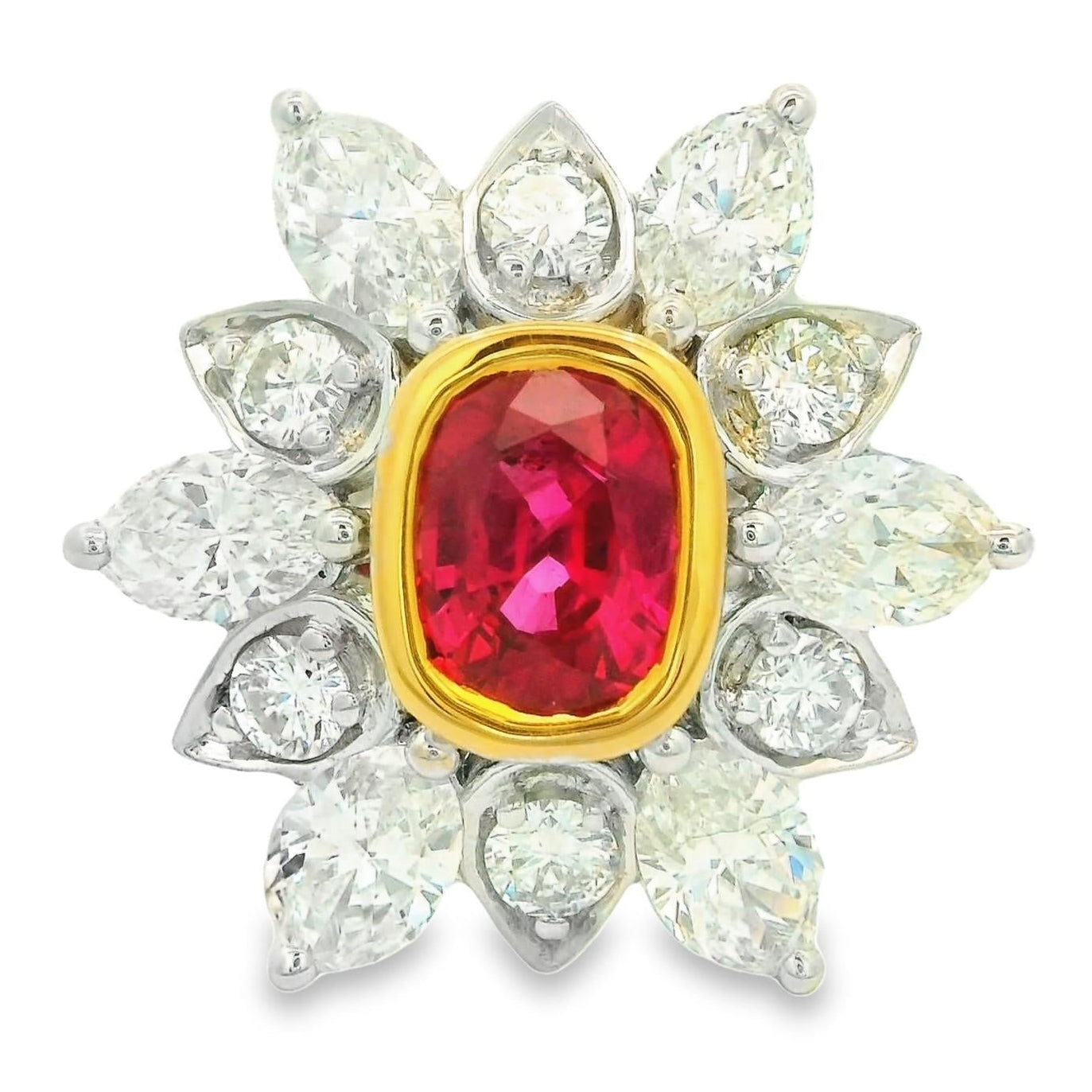 1.85 Carat Ruby Diamond Sunburst 18K White Gold Ring, AGL Certified