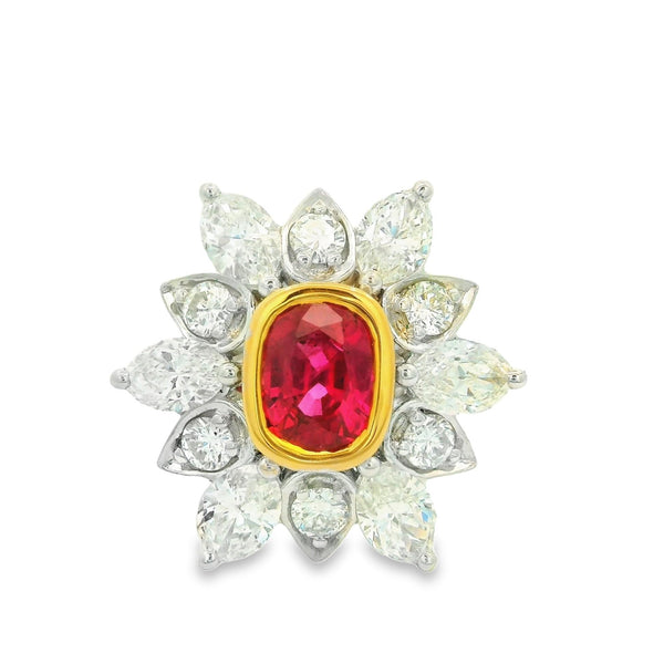 1.85 Carat Ruby Diamond Sunburst 18K White Gold Ring, AGL Certified
