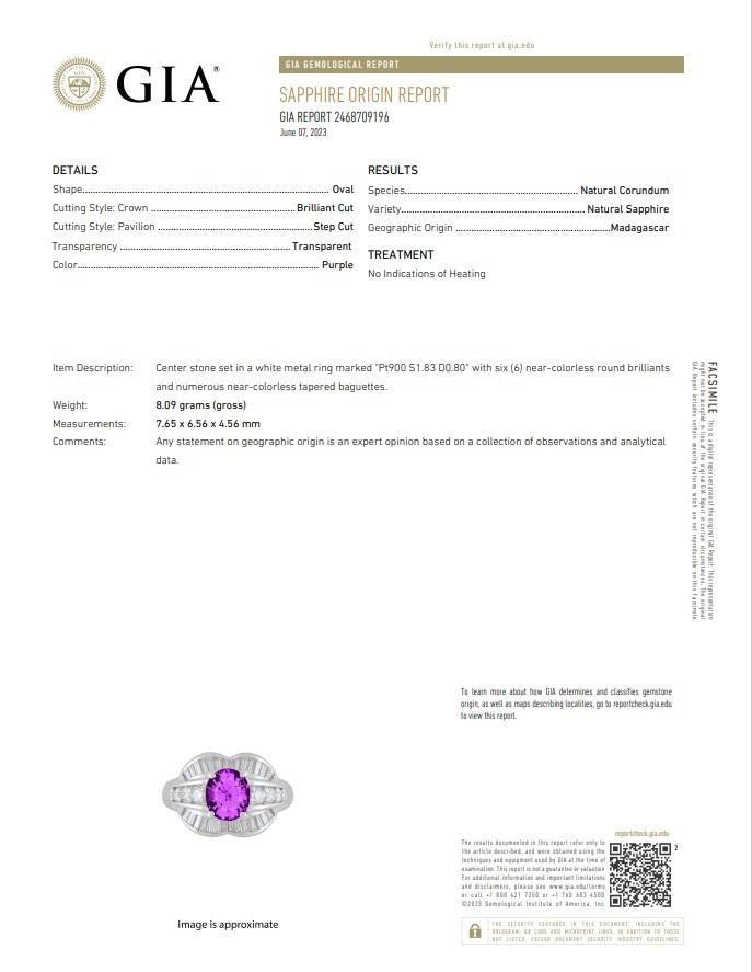 1.83 Carat No-Heat Purple-Sapphire Diamond Platinum Ring, GIA Certified