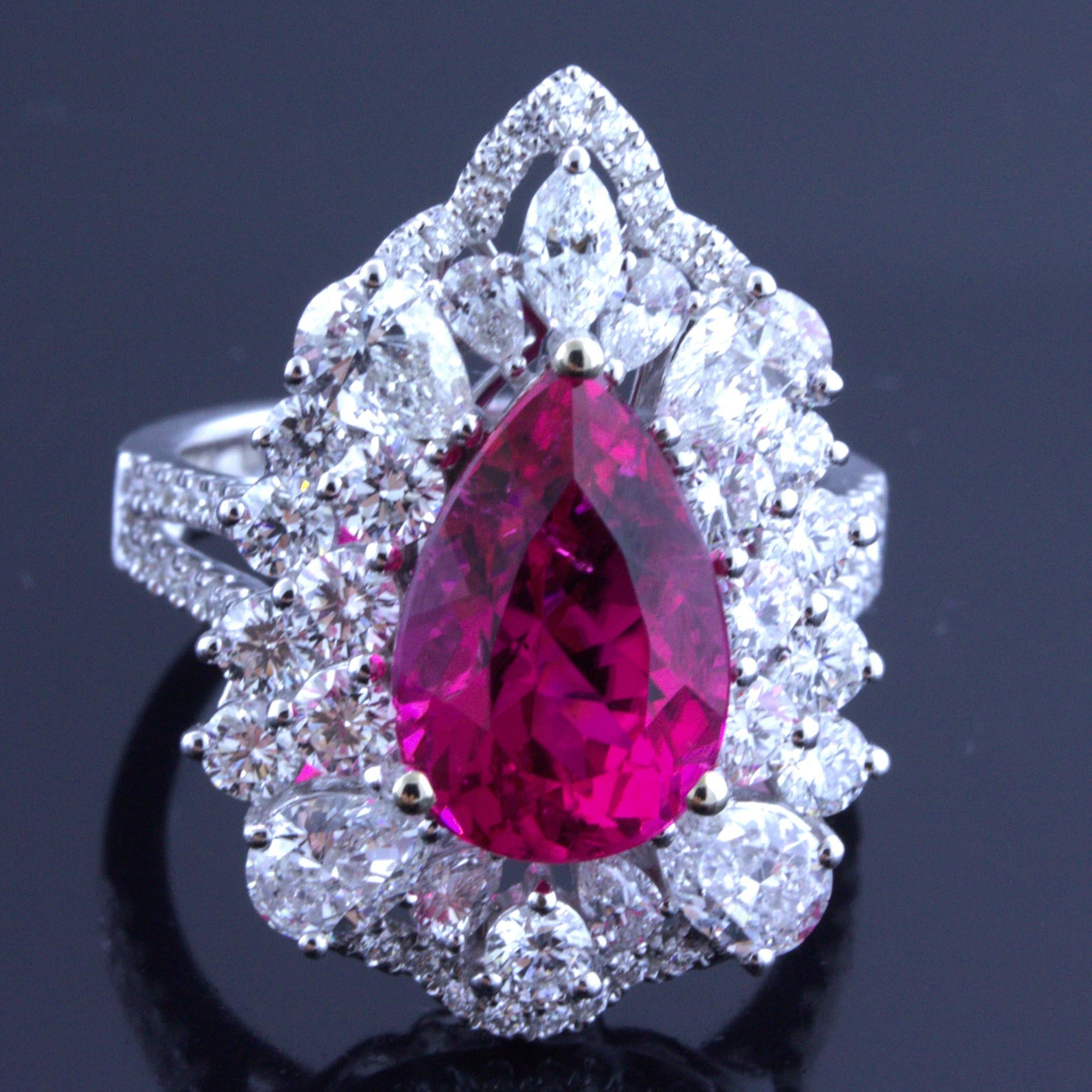 Rubellite Tourmaline Diamond Sunburst 18k White Gold Ring