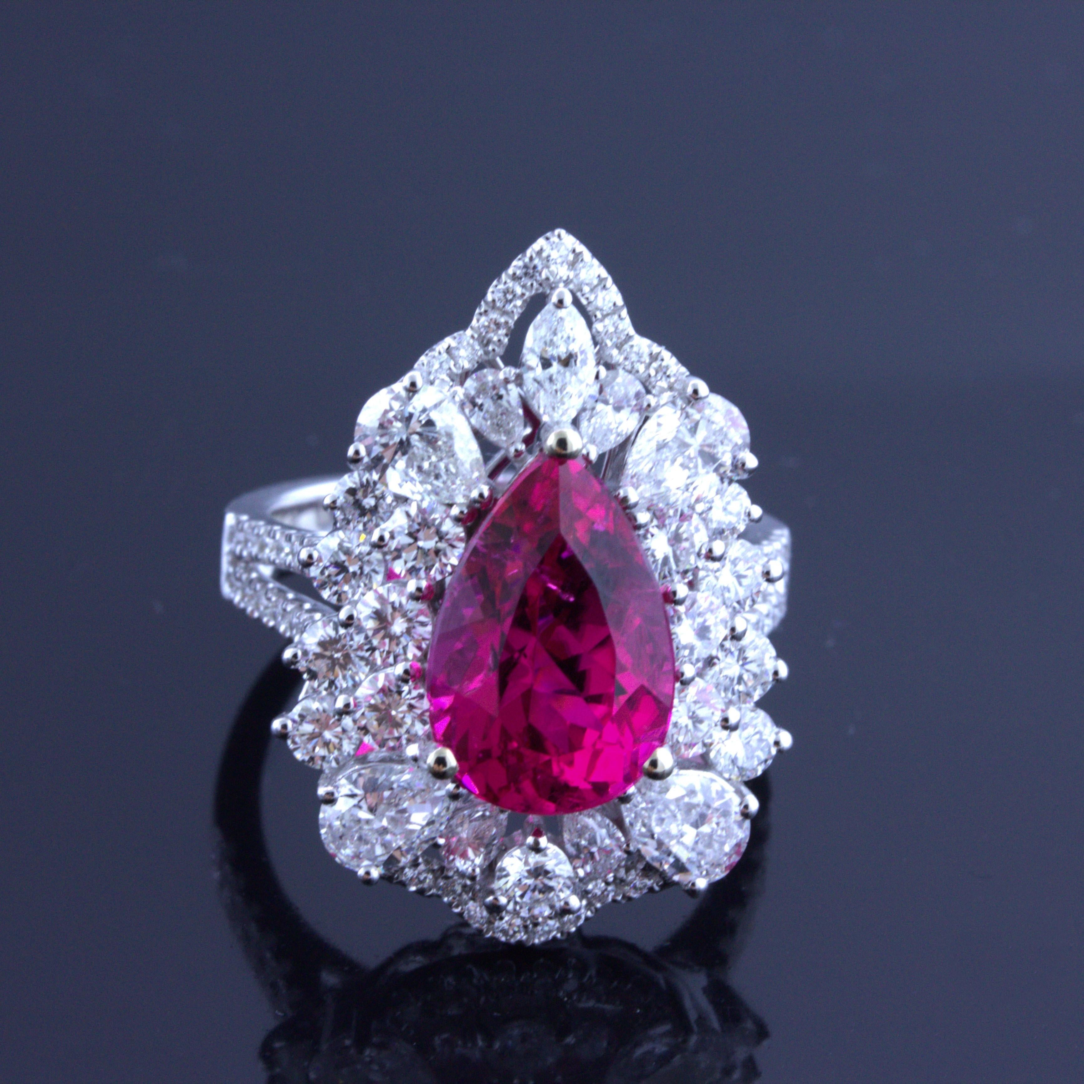 Rubellite Tourmaline Diamond Sunburst 18k White Gold Ring