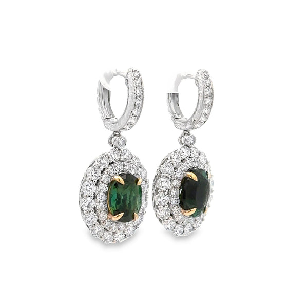 Forest Green Tourmaline Diamond 18K White Gold Drop Dangle Earrings