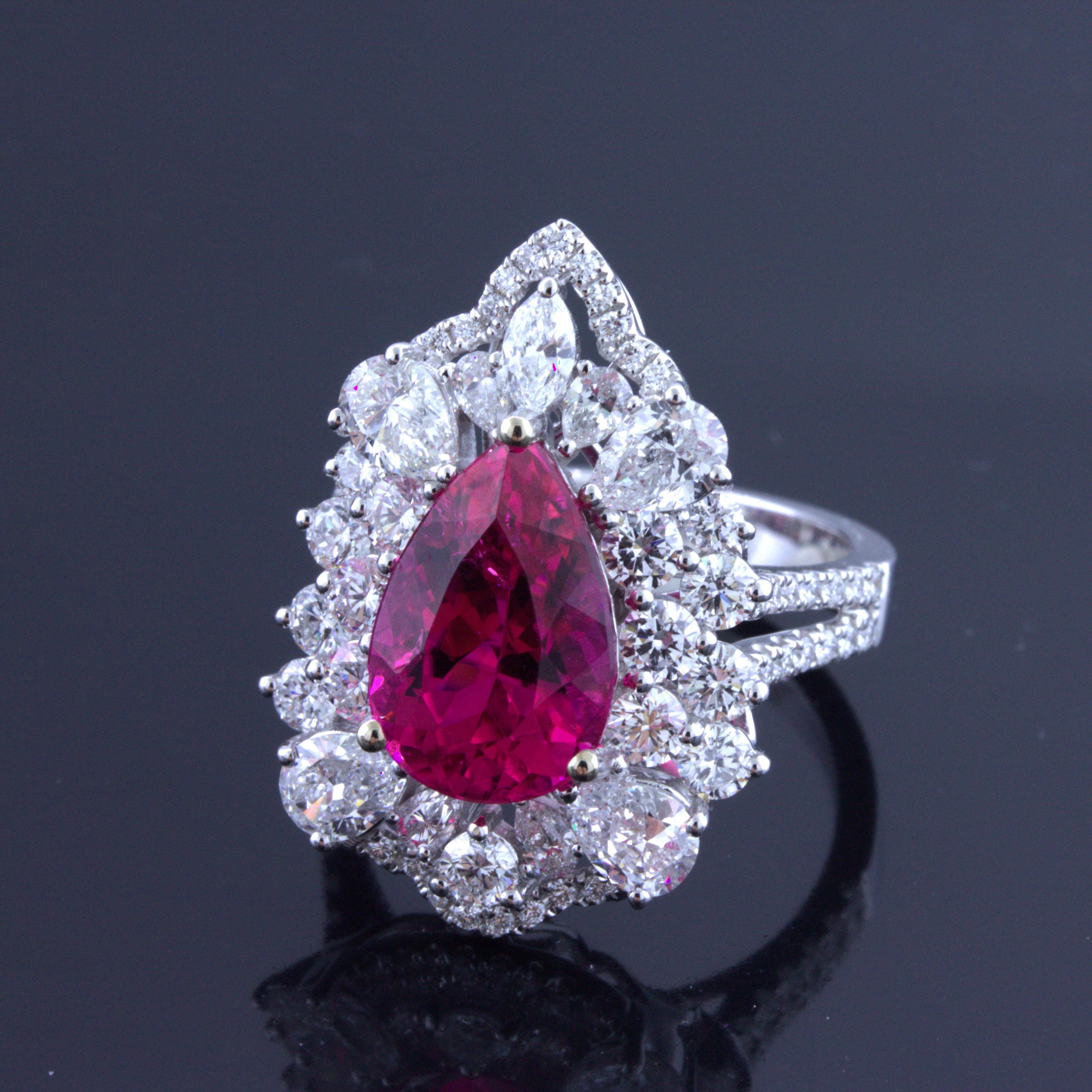 Rubellite Tourmaline Diamond Sunburst 18k White Gold Ring