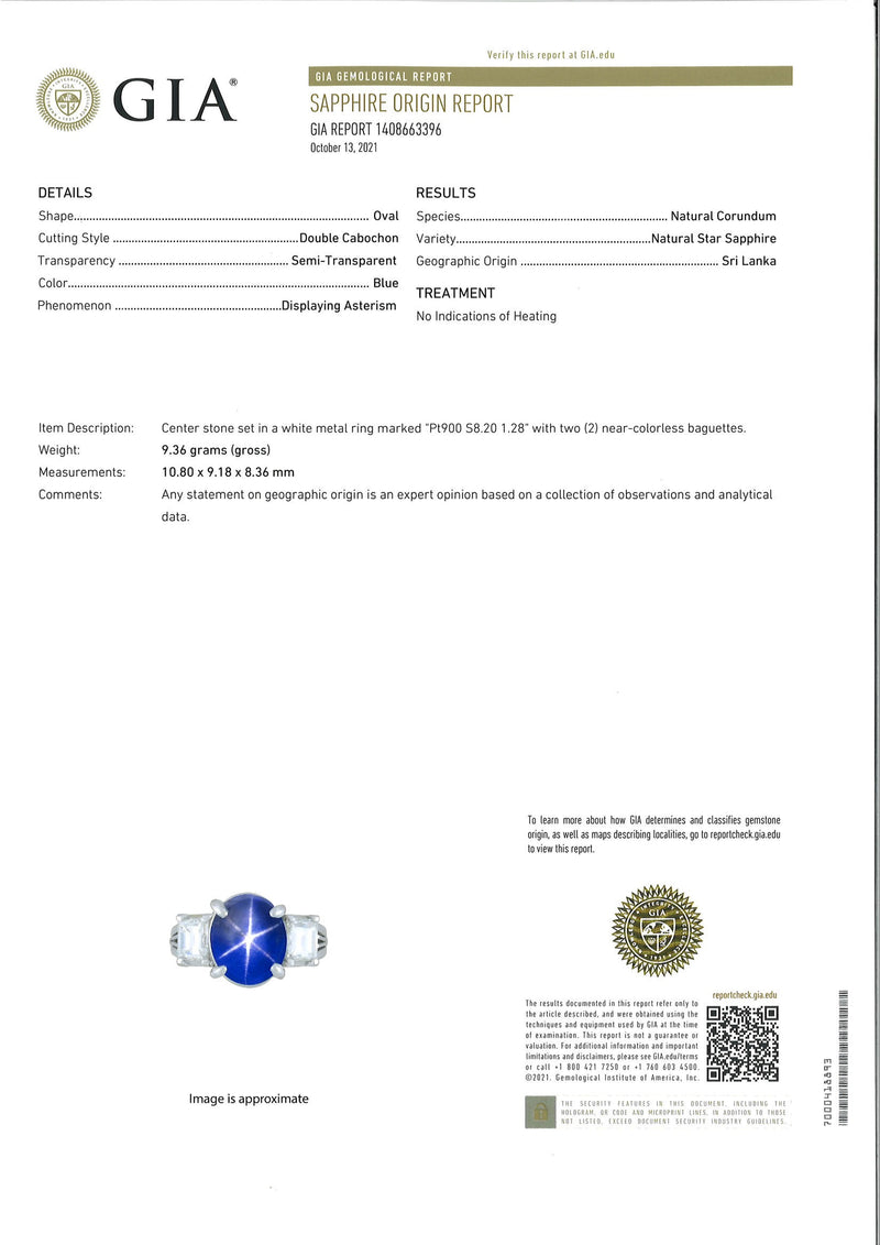 Exceptional Star Sapphire Diamond Platinum 3-Stone Ring, GIA Certified