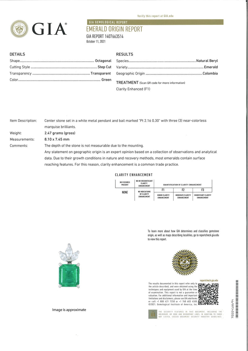 Fine Colombian Emerald Diamond Platinum Pendant, GIA Certified