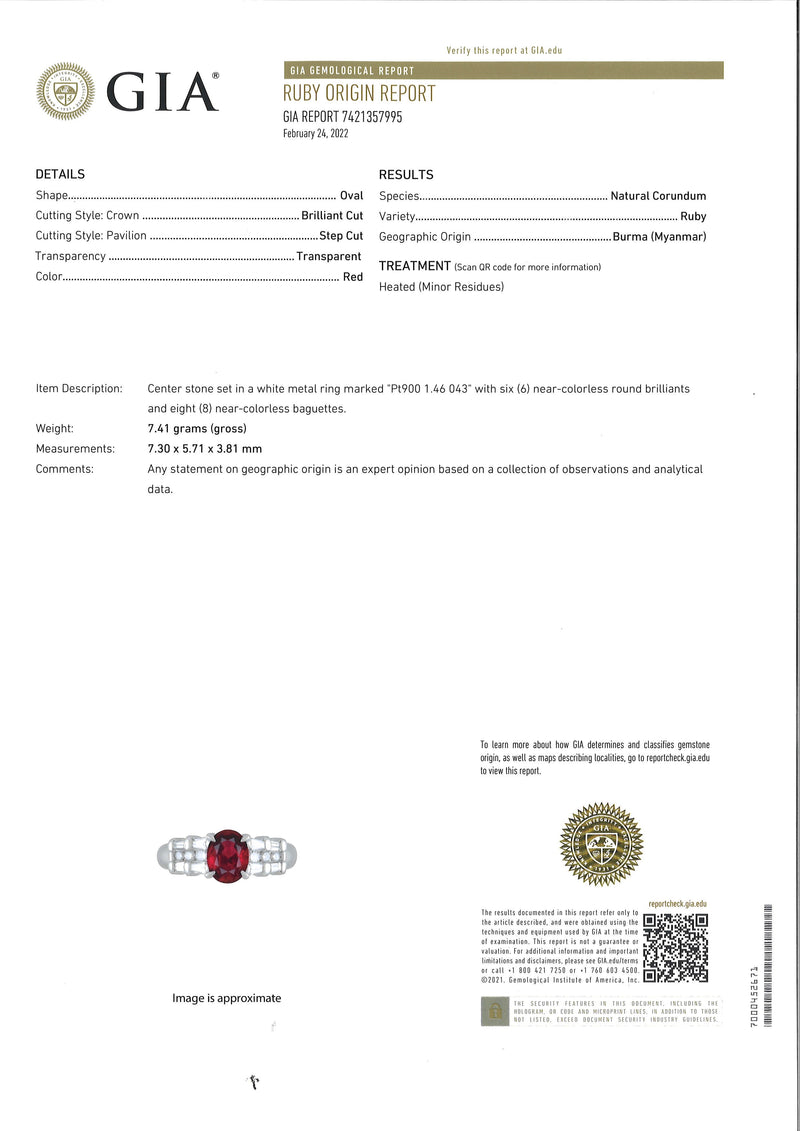 1.46 Carat Burmese Ruby Diamond Platinum Ring, GIA Certified