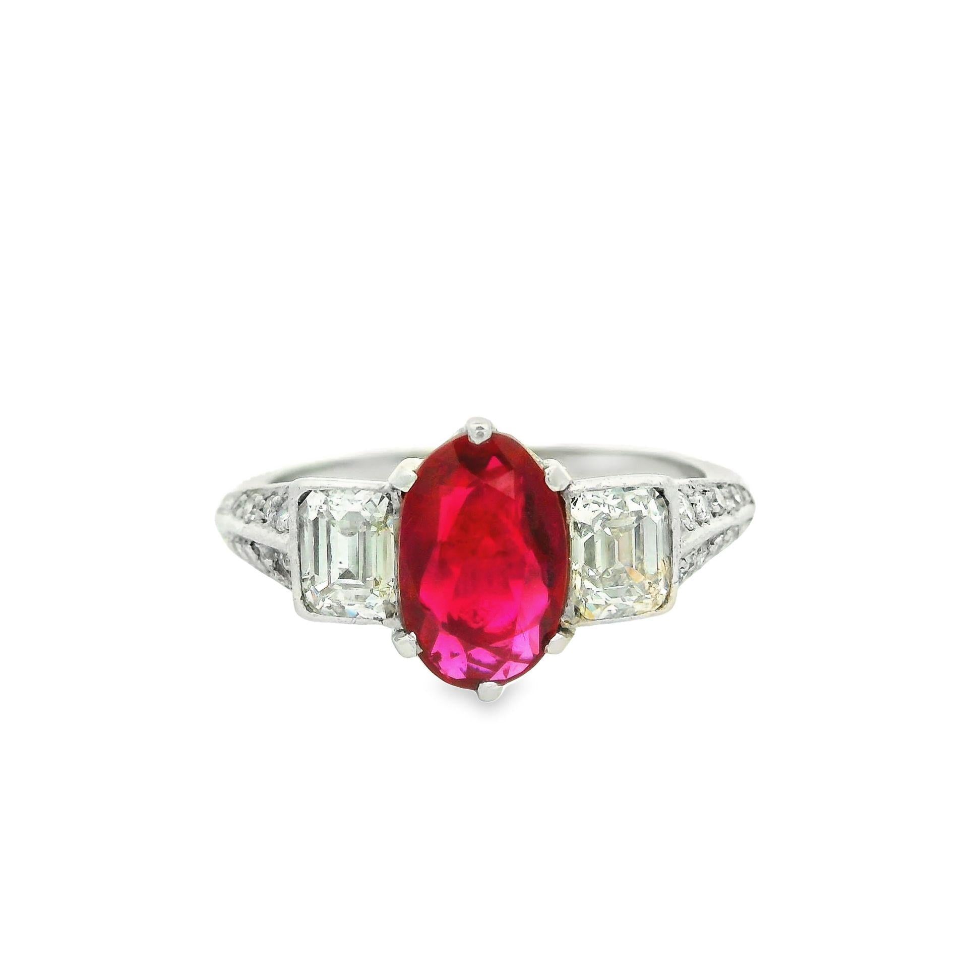 Art Deco No-Heat Burmese Ruby Diamond Platinum Ring, GIA Certified