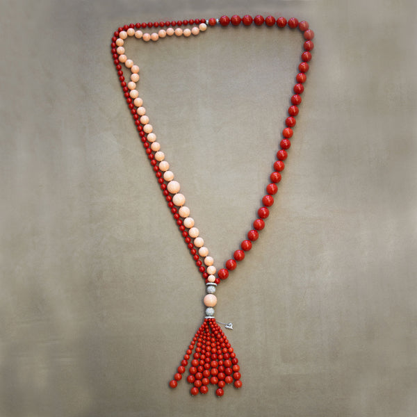 Chantecler Capri 18 Karat White Gold, Diamond, Red & Pink Coral "Cherie" Tassel Necklace