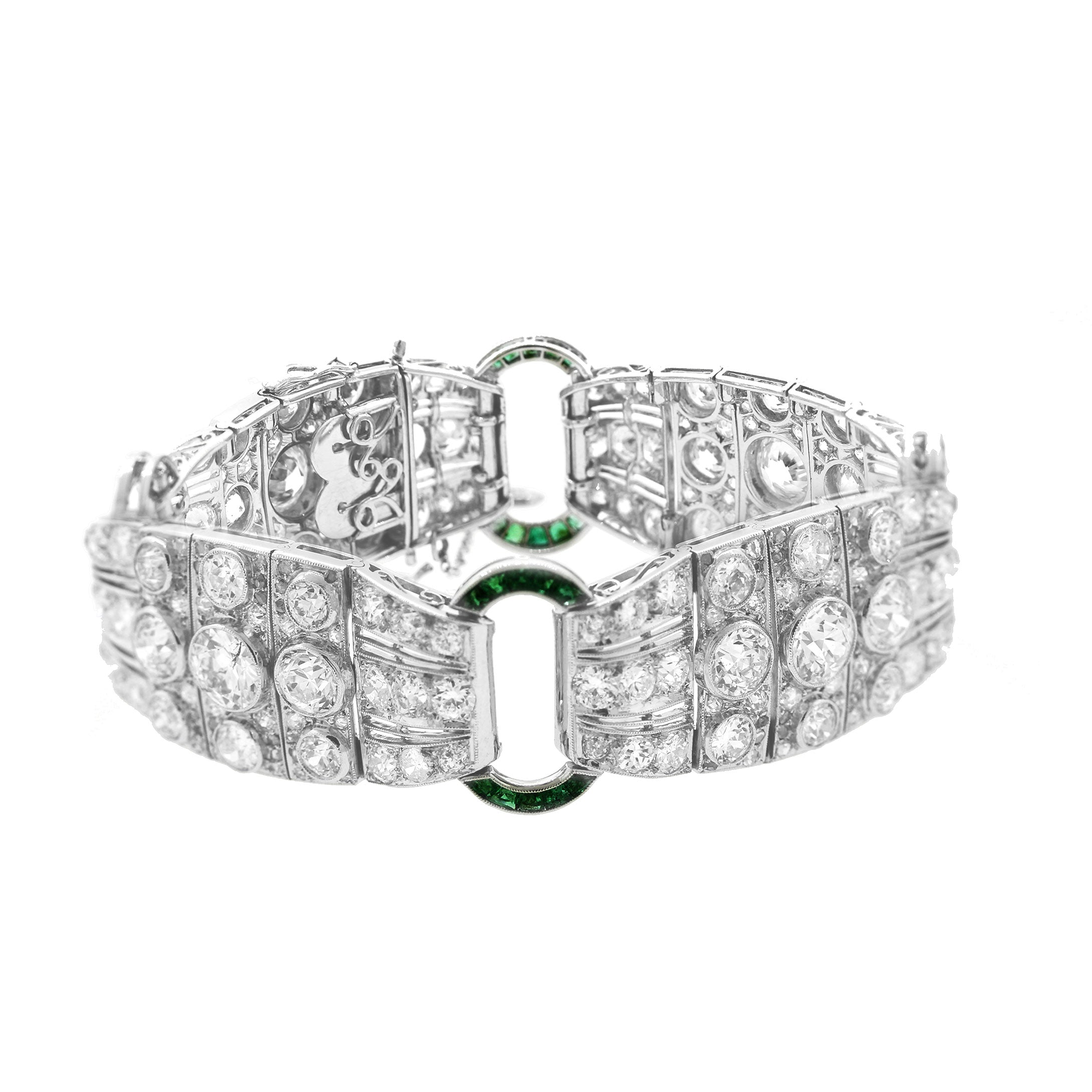 Magnificent French Art Deco Diamond Emerald Platinum Bracelet