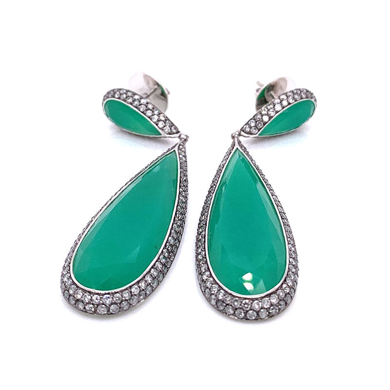 Chrysoprase Chalcedony Diamond Gold Drop Earrings