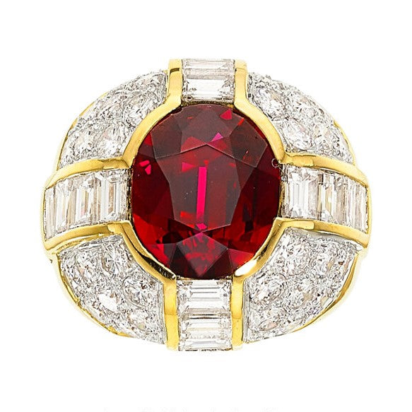 Thai Ruby Diamond Gold Dome Ring, AGL Certified