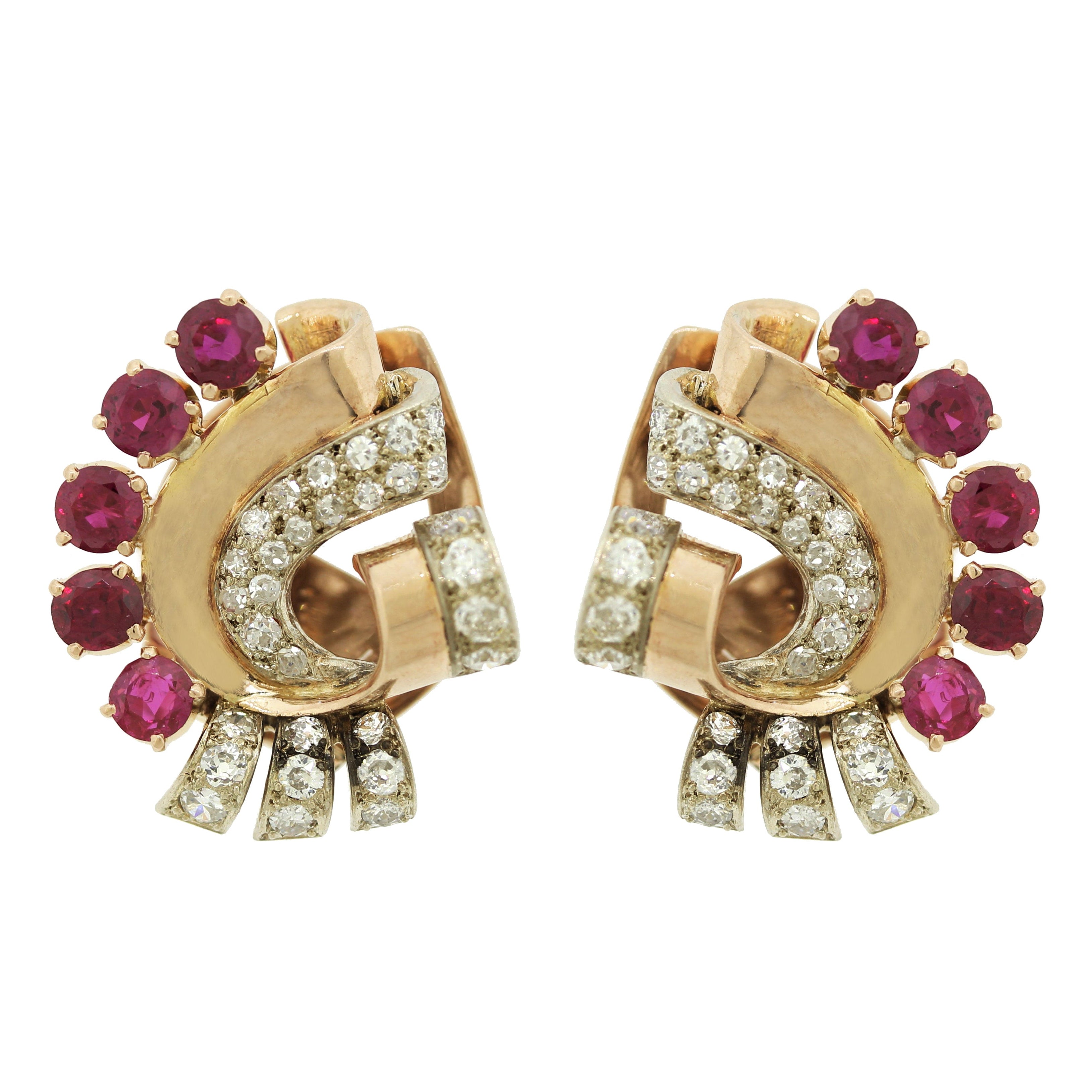 Retro Diamond Ruby Gold Ear Clip Earrings