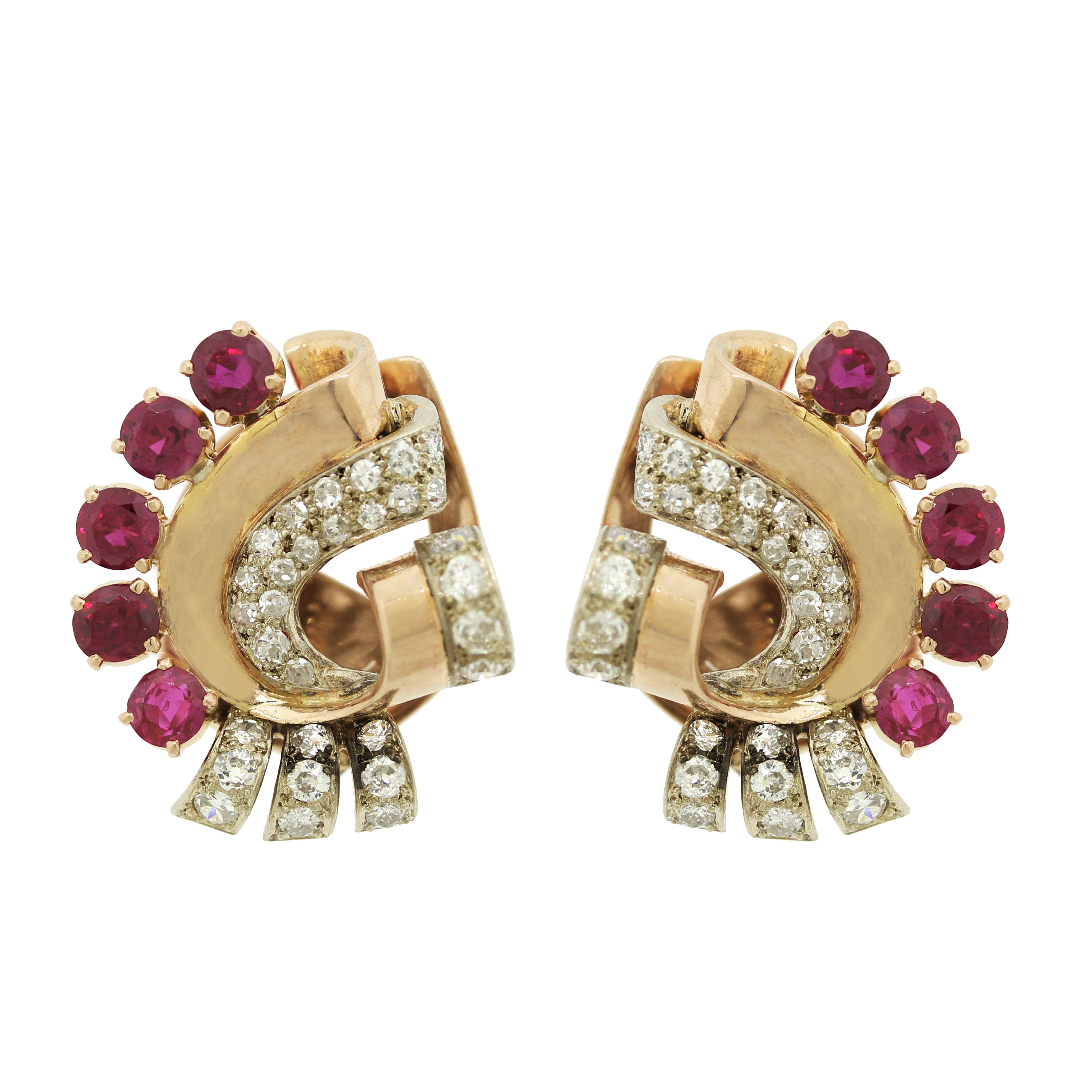 Retro Diamond Ruby Gold Ear Clip Earrings