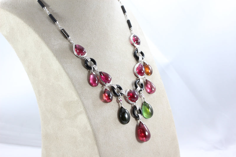 Multi-Color Cabochon Tourmaline Onyx Diamond Gold Drop Necklace